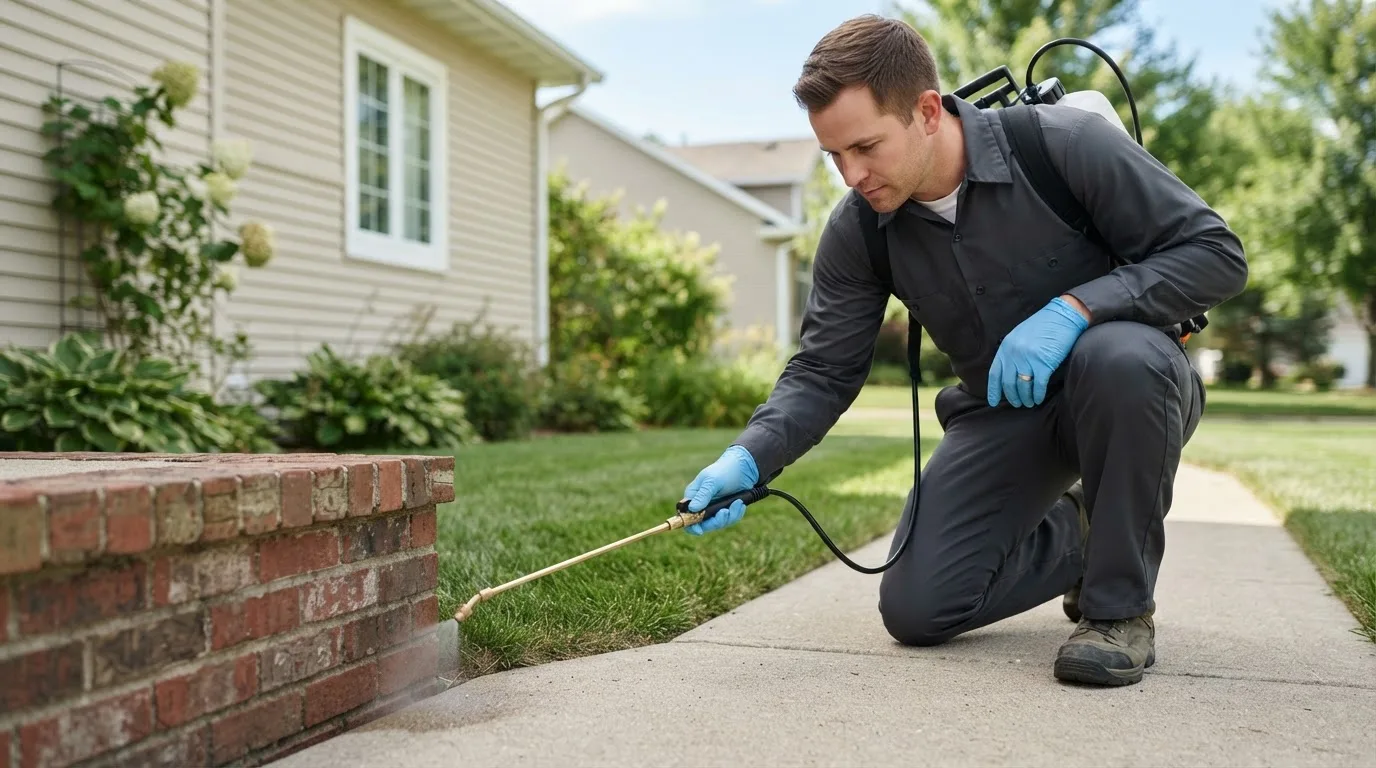 Pest control technician treating a home near Aledo, TX